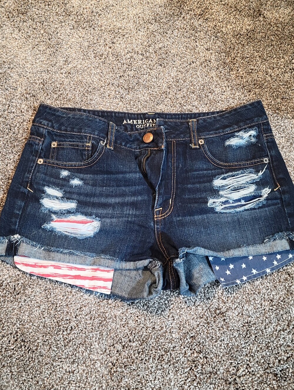 American Eagle Outfitters Dark Blue Distressed Denim Shorts with Flag Patch